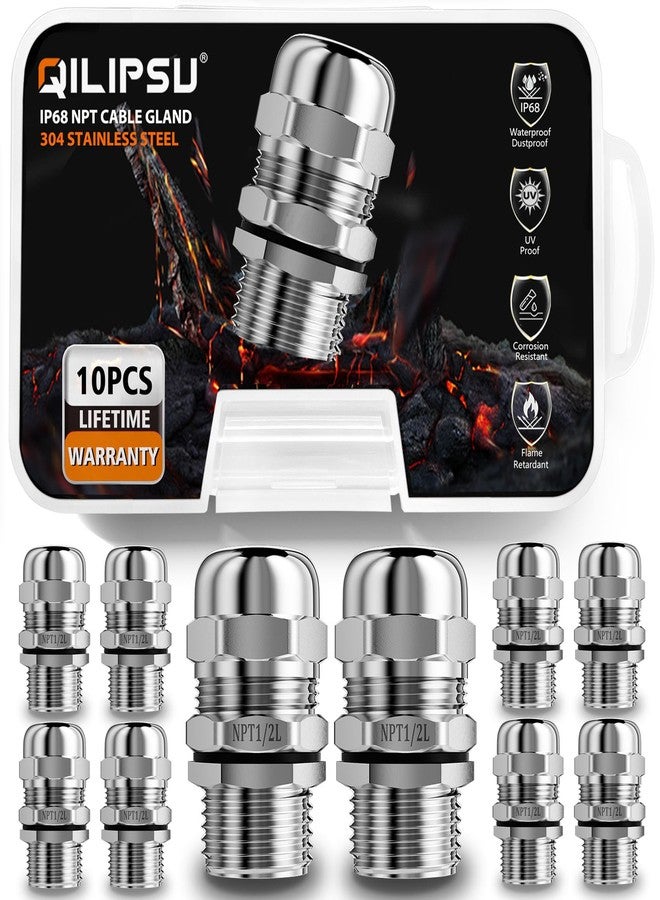 QILIPSU 10pcs 1/2" NPT 304 Stainless Steel Cable Gland Waterproof IP68 Metal Strain Relief Cord Grip Cable Long Thread Pass Through Wire Connector - Image 1